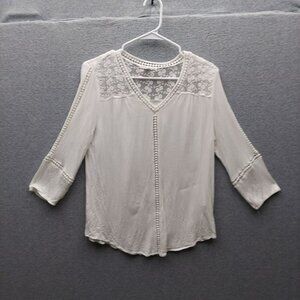 John Paul Richard Womens Lace Detailed Ivory Blouse L 3/4 Sleeve V-Neck Rayon &